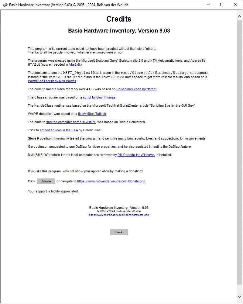 Screenshot of Basic Hardware Inventory Credits screen