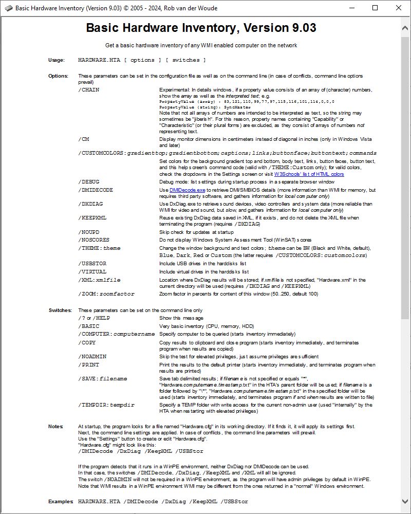 Screenshot of Basic Hardware Inventory help screen