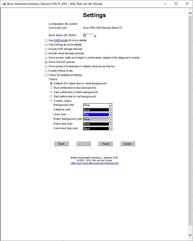 Screenshot of Hardware.hta settings